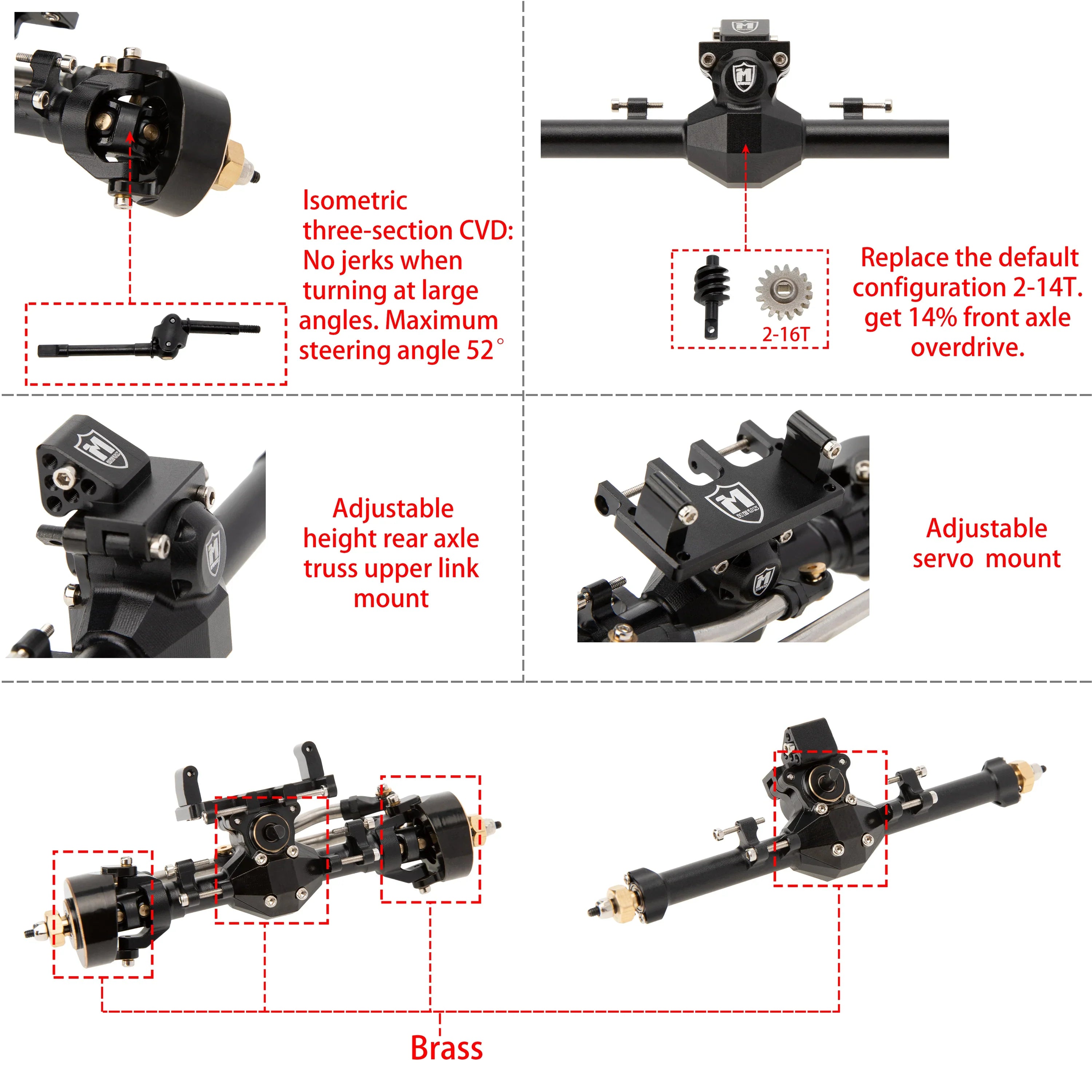 MEUS RACING Isokinetic 3-Section CVD Front and Rear Axles Maximum Steering Angle 52° Wider +5MM for Axial SCX24 Deadbolt C10 JLU Gladiator Bronco 1/24 RC Crawler Upgrade Parts (Black, Front and Rear) - HeliDirect