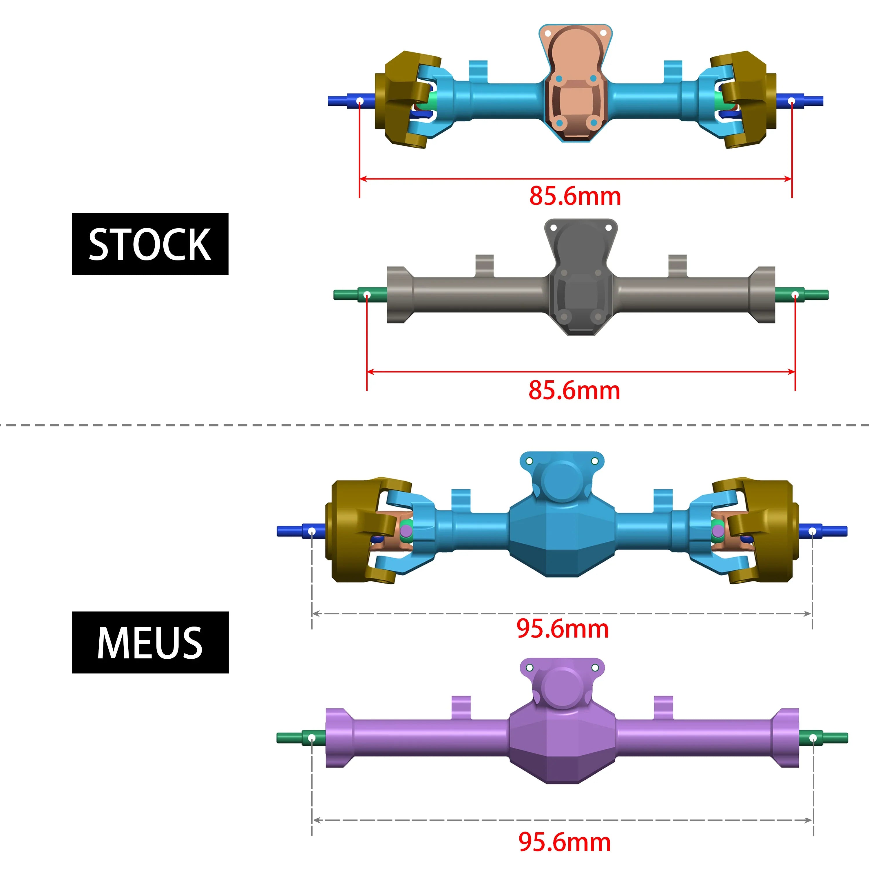 MEUS RACING Isokinetic 3-Section CVD Front and Rear Axles Maximum Steering Angle 52° Wider +5MM for Axial SCX24 Deadbolt C10 JLU Gladiator Bronco 1/24 RC Crawler Upgrade Parts (Black, Front and Rear) - HeliDirect