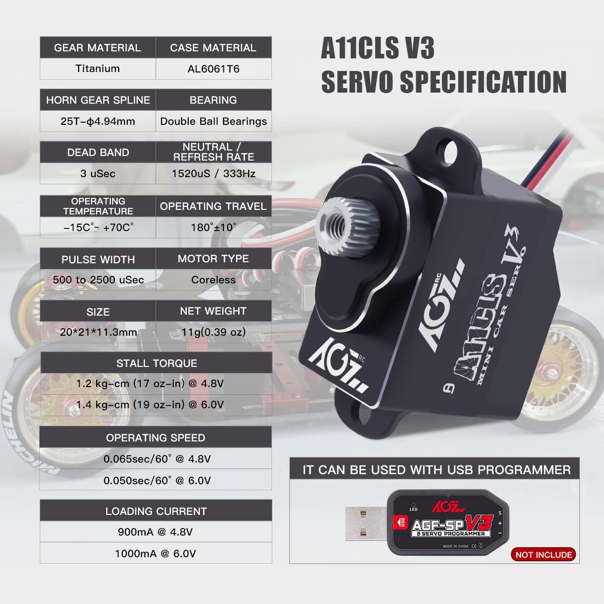 AGFRC 1.4KG Micro Programmable Coreless Digital RC Servo for Mini Z Car - Black