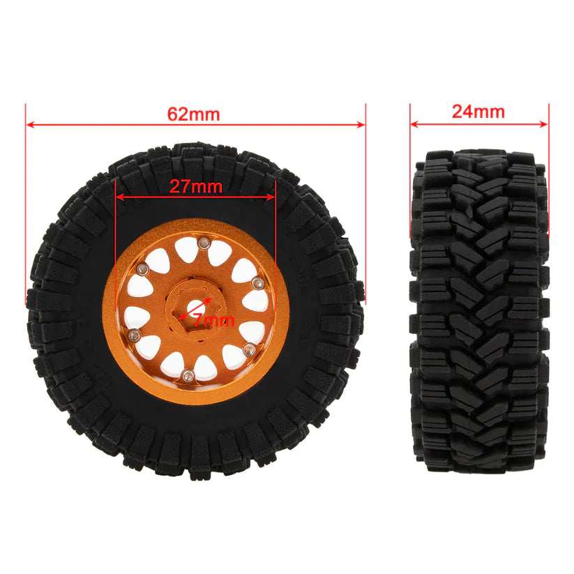 MEUS RACING 1.2 inch Aluminium Wheels With 62*24 Tires for TRX4M SCX24 FCX24 - Type A Yellow - HeliDirect