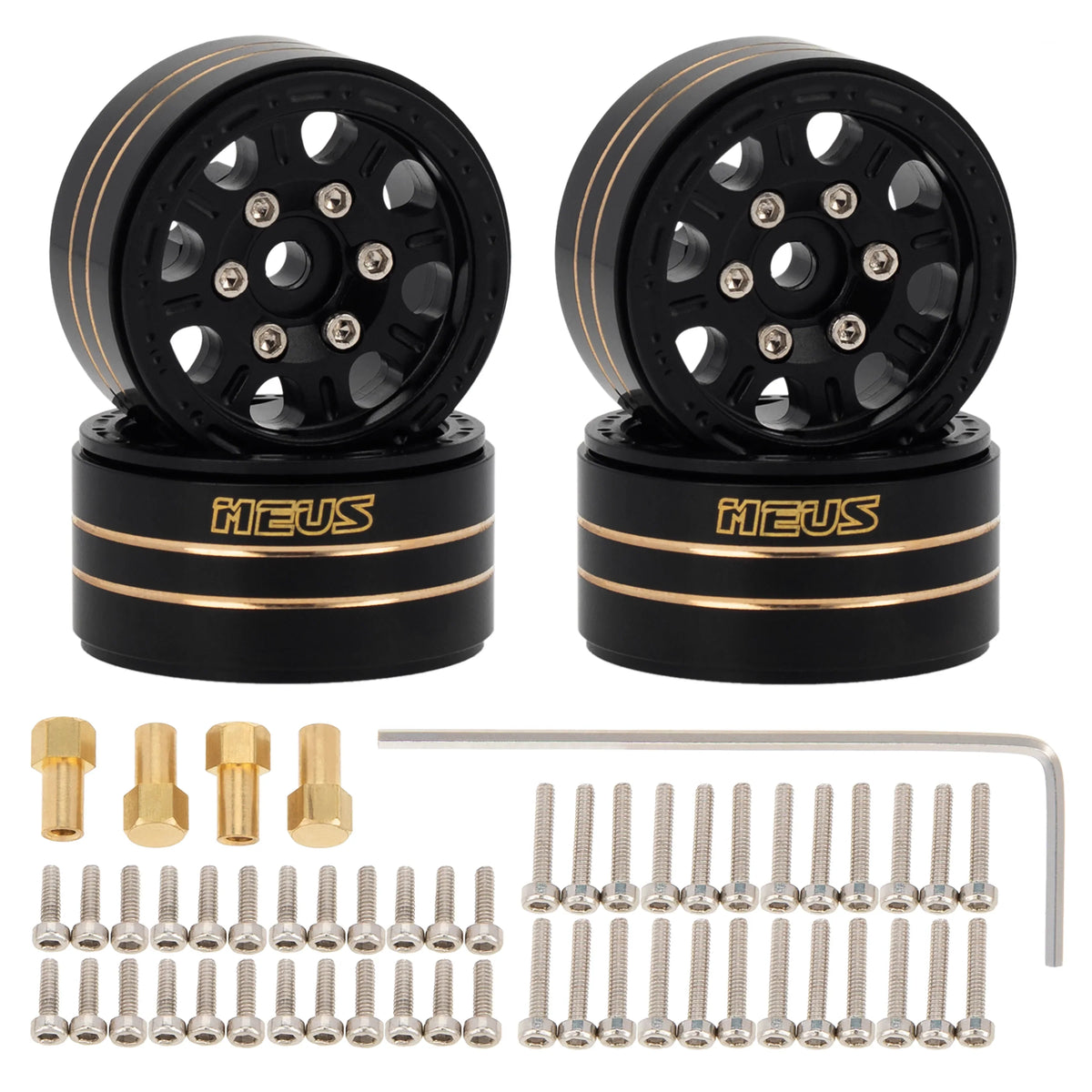 Meus Racing 1.0 Beadlock Wheels Brass Wheel Ring Aluminum Wheel Hub for Axial 1/24 Gladiator Bronco C10 JLU Deadbolt TRX4M RC Crawler Upgrade Parts - B BLACK - HeliDirect