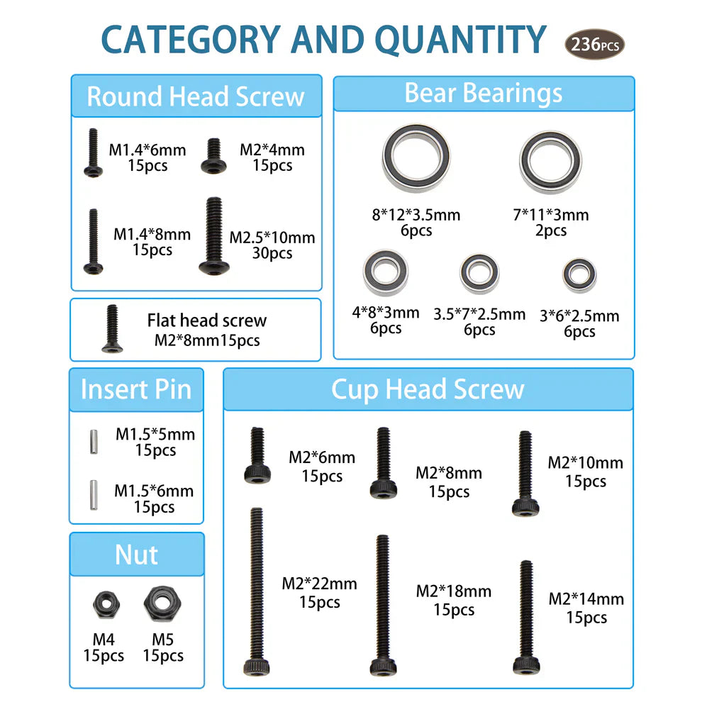 MEUS Racing Bushings Bearings Screws 236pcs Kit for Redcat Ascent-18 1/18 RC Crawler Upgrade Parts