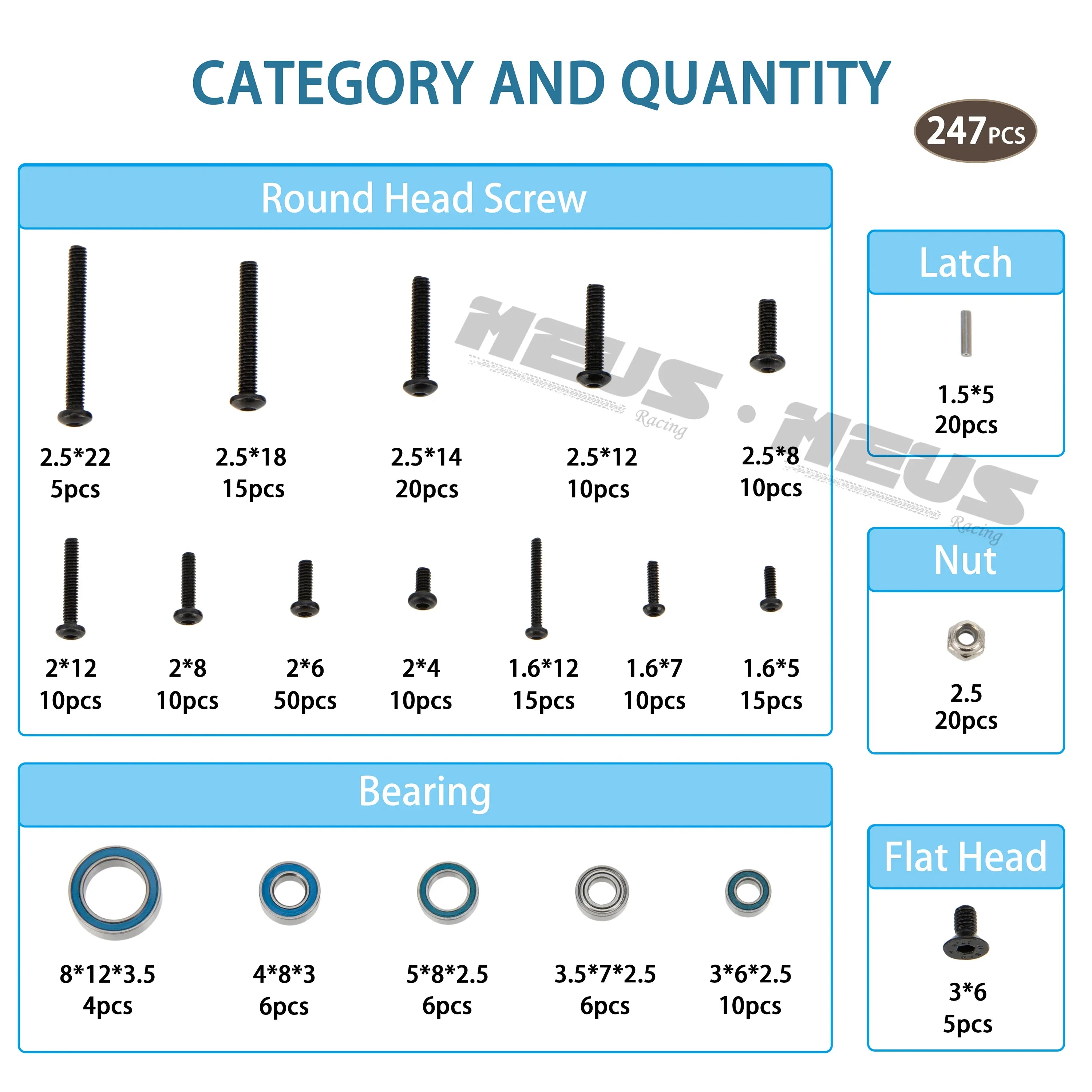 Meus Racing Metal Steel Bearing Screw Kit Boxed 247PCS for 1/18 TRX4M TRX-4M RC Crawler Upgrade Parts Accessories - HeliDirect