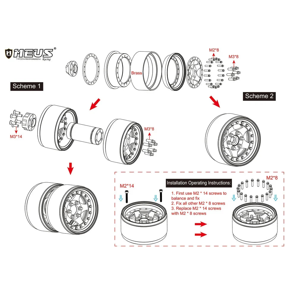 MEUS Racing Brass Aluminum 1.9″ Beadlock Wheels Supports Front Rear Twin Wheels for 1/10 TRX-4 TRX-6 SCX10 GEN7 GEN8 D90