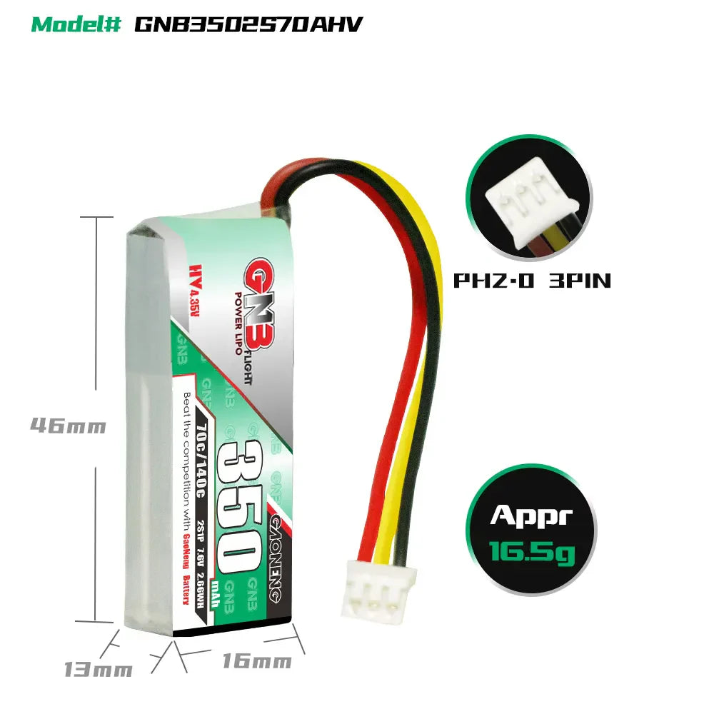 GAONENG GNB LiHV 2S 7.6V 350mAh 70C LiPo Battery PH2.0 3Pin Connector (3pcs)