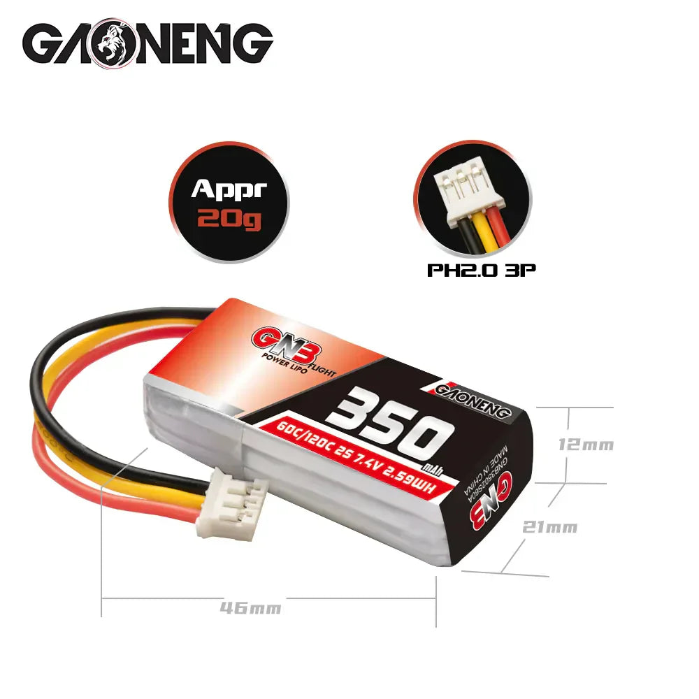 GAONENG GNB 2S 7.4V 350mAh 60C LiPo Battery PH2.0 3Pin Connector (2pcs)