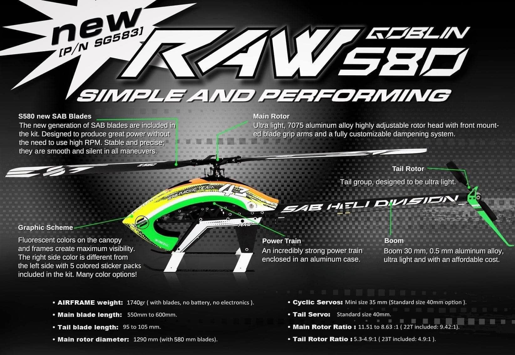 SAB Goblin RAW580 Kit - With S-Line Main and Tail Blades - HeliDirect