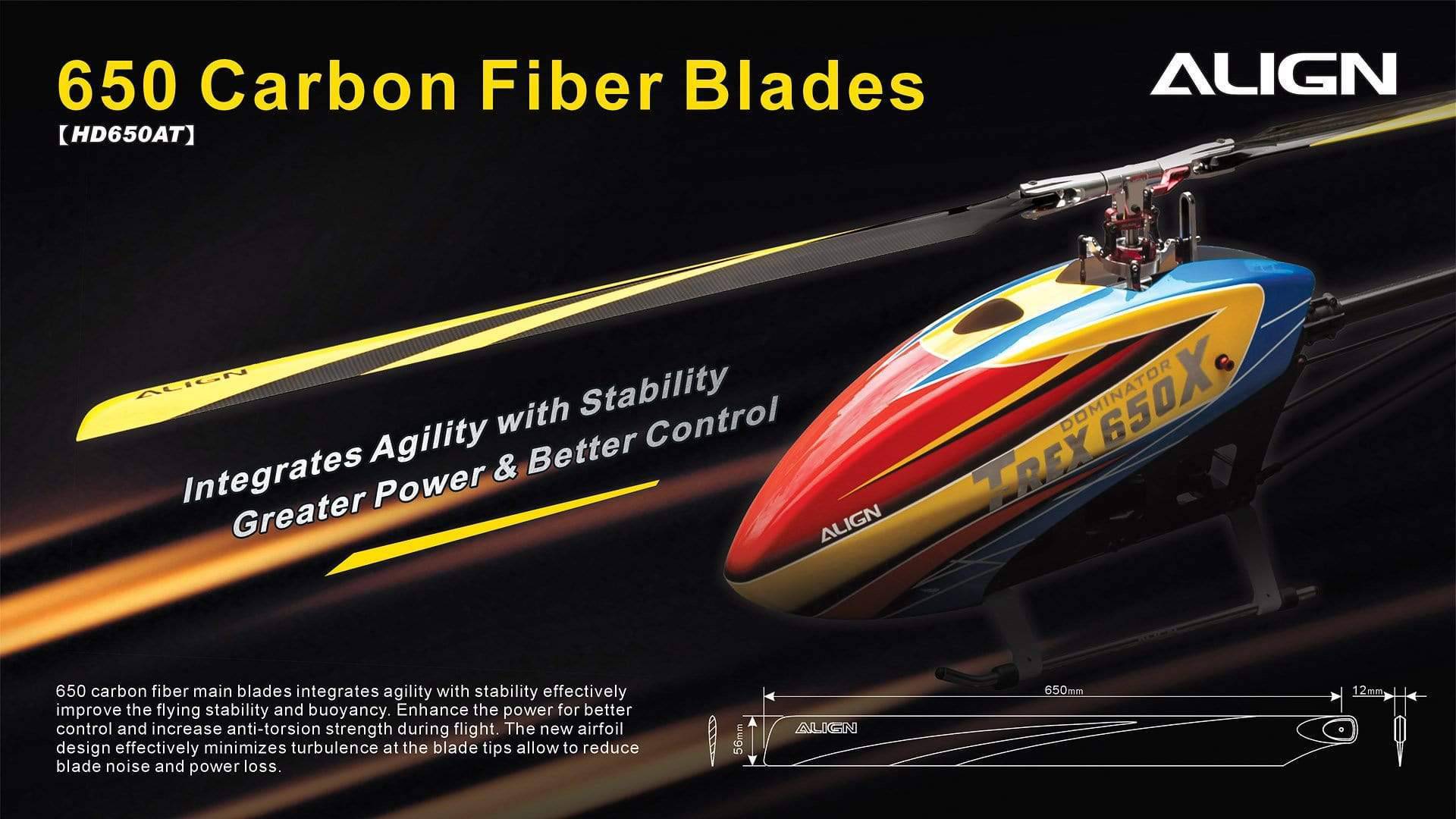 Align 650 Carbon Fiber Blades-Yellow - HeliDirect