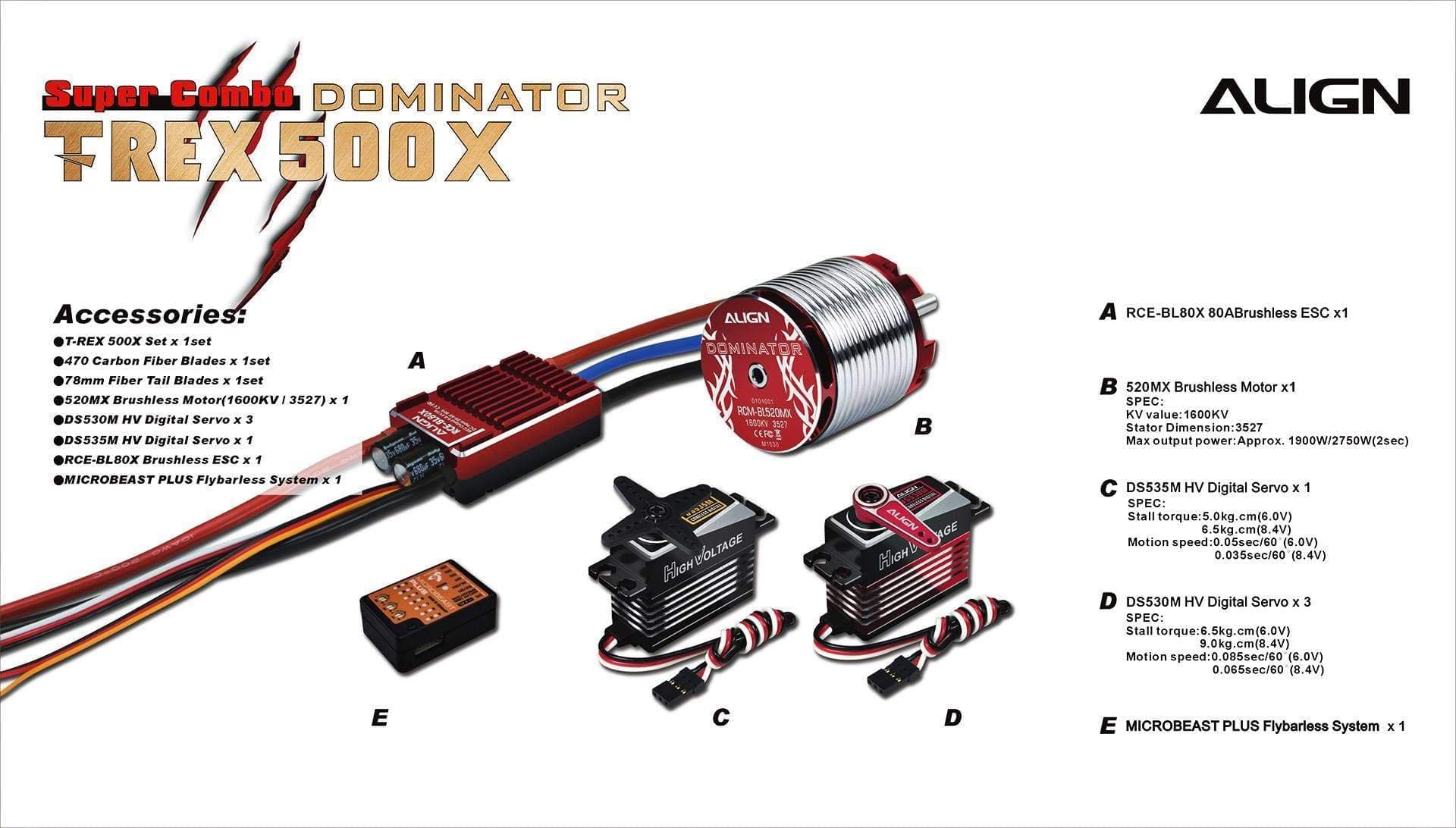 Align T-Rex 500X Dominator Combo Helicopter with DS530/DS535 Servos - HeliDirect